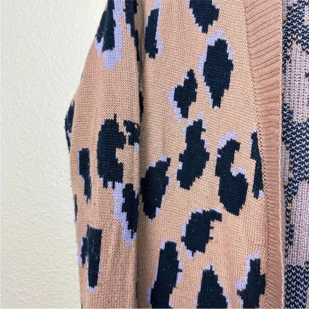 G by Giuliana Duster Cardigan Leopard Print Brown Black Knit Sweater Lilac Large